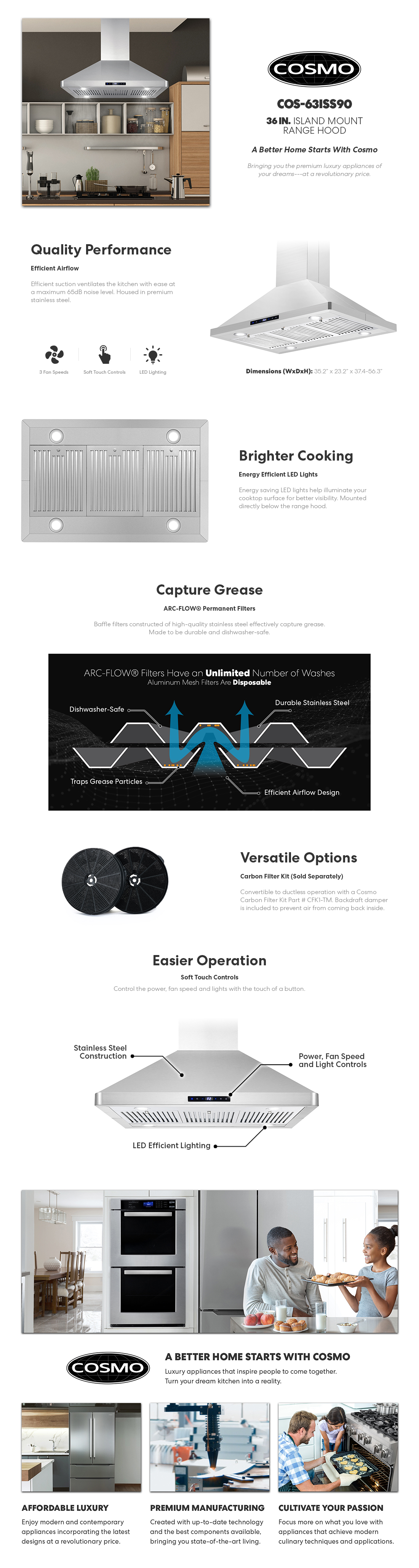 Cosmo 36 in. Lumin Collection 380 CFM Ducted Island Range Hood